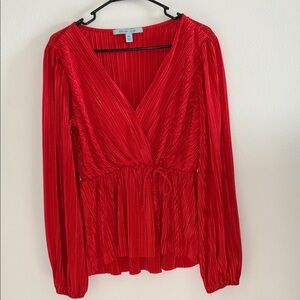 Red Pleated Long Sleeve Blouse
